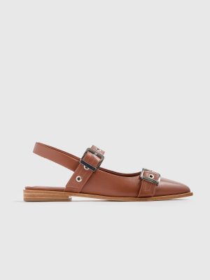 Fashioneco Cognac Bold Buckle Slingback Flat